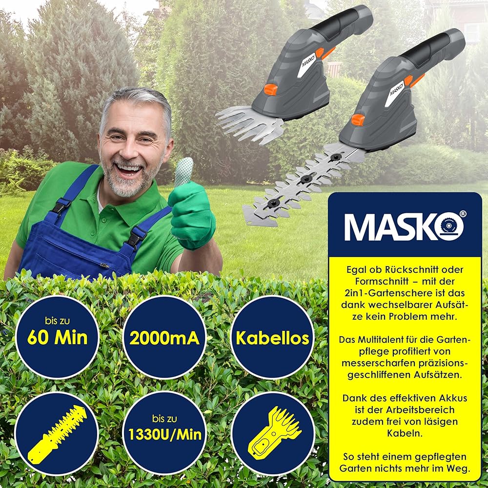 Masko® Cisaille à Gazon | Cisaille à arbustes + Gants, Set avec Batterie 7,2 V 2 000 mA/h et Chargeur | Taille-haie électrique de Jardin | Ciseaux à Gazon avec Lame à Herbe, Lame pour arbuste, Gris : Jardin