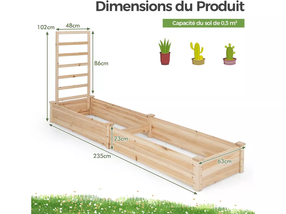 Jardinière avec Treillis en Bois avec Base Ouverte, 2 Bacs à Fleurs Extérieur pour Plante Grimpante, Lit de Jardin Surélevée Résistance à la Pourriture, 235 x 63 x 102 cm