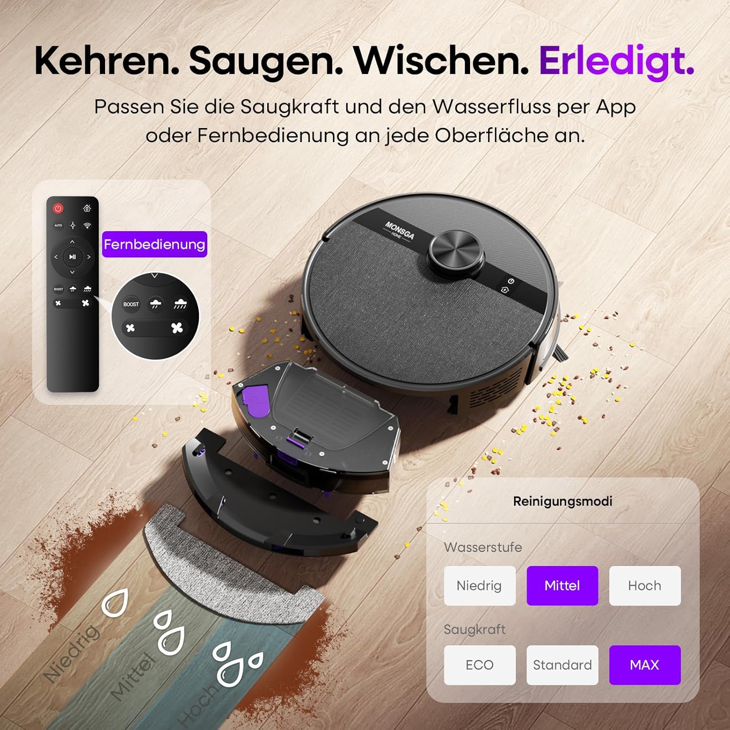MONSGA Saugroboter mit Wischfunktion,5000Pa Saugkraft,180Min Laufzeit,Anti-Tangle-System,LiDAR Navigation, Staubsauger Roboter für Teppich, Tierhaare, APP & Fernbedienung Steuerung (Schwarz)