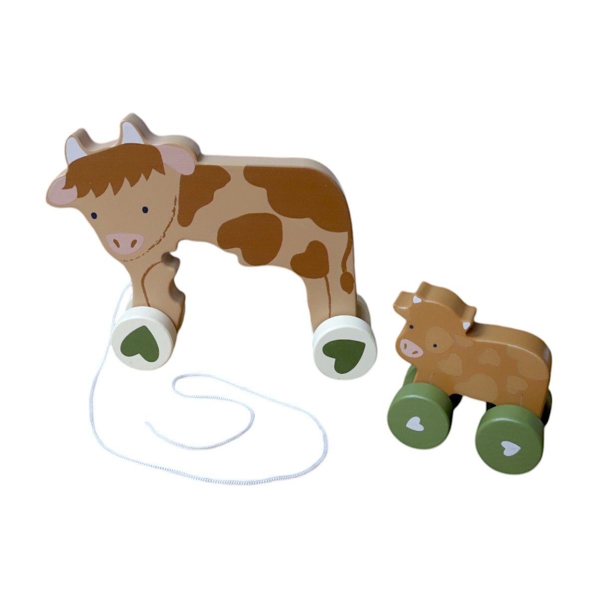 Vache et son bébé jouet en bois à tirer - Bébé Highland Mercredi et Patati