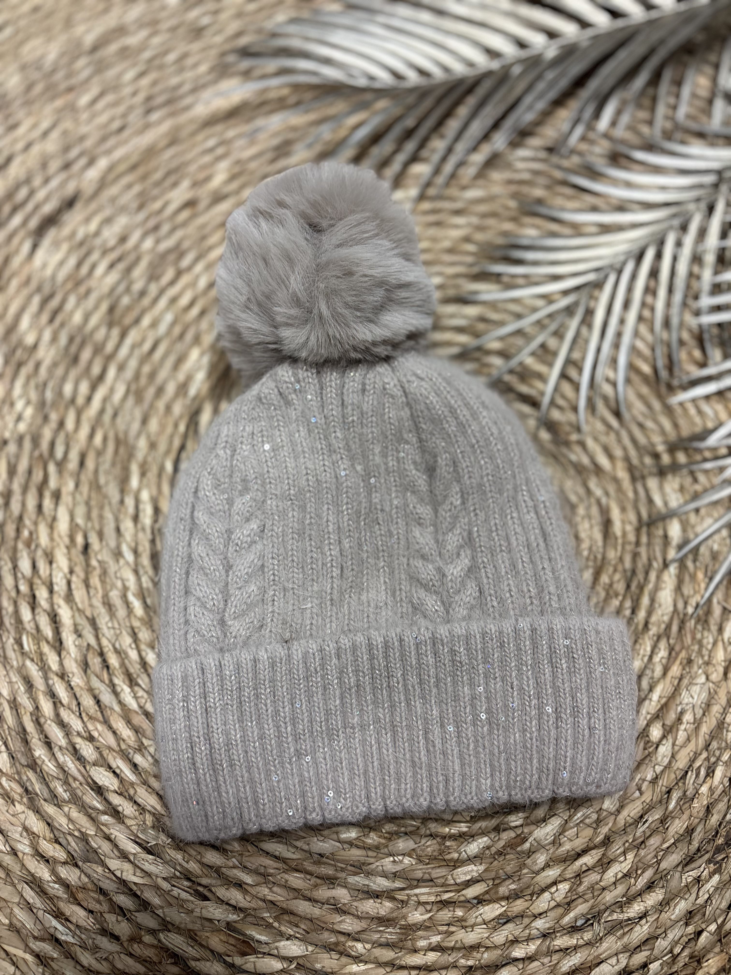 Glitter Muts Met Pom Taupe