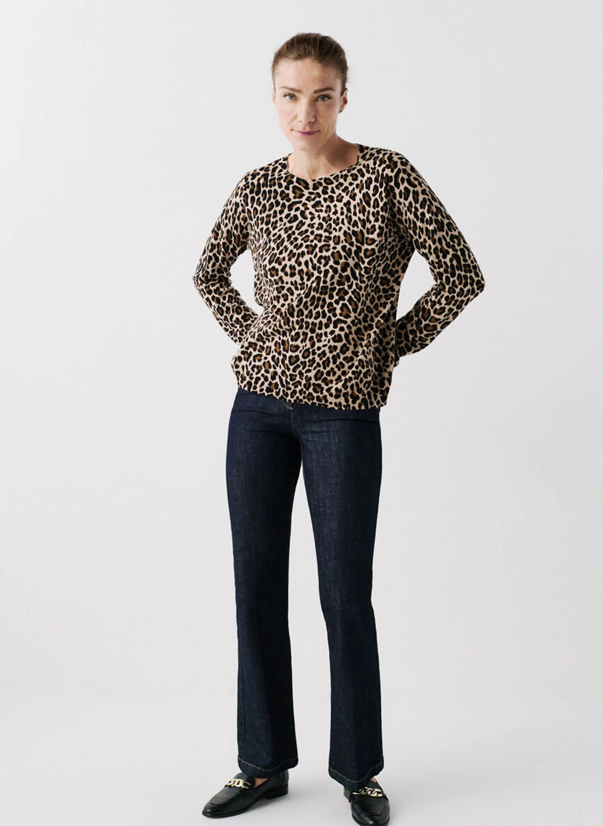 MADO - Pull col rond motif léopard en coton | Marron