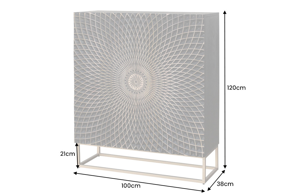 Design Highboard ILLUSION 120cm schwarz Mangoholz Massivholz mit 3D Schnitzereien gold Eisen Metallgestell