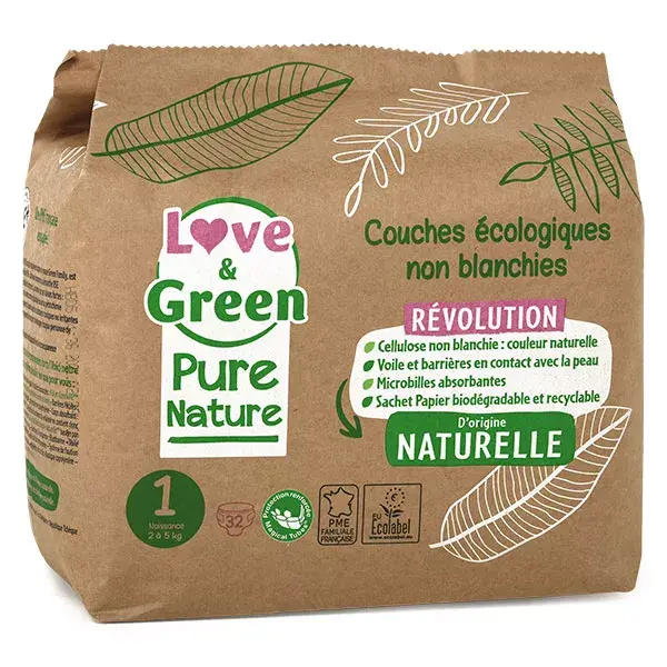 Fraldas ecológicas Love & Green Change Baby Pure Nature, tamanho 1, 32 unidades.