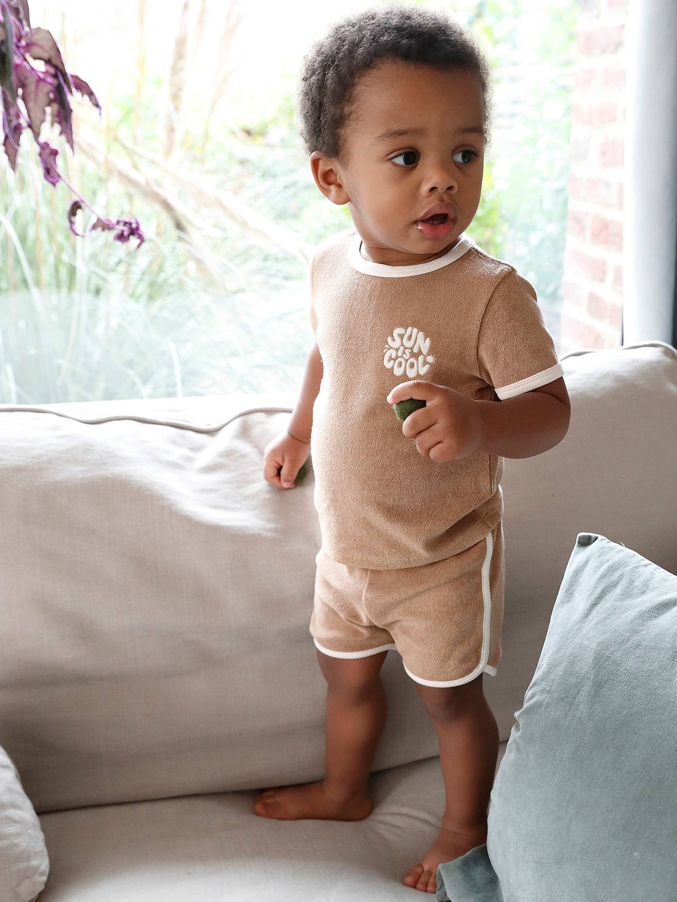 Conjunto de lã encaracolada para bebê: camiseta + shorts marrom-acinzentados