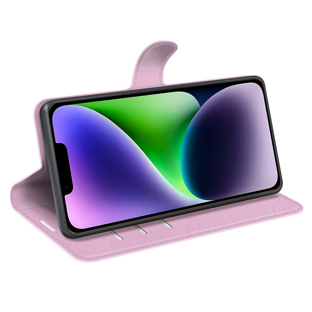 iPhone 15 Leder Tasche Flip Cover Litchi Look - Rosa