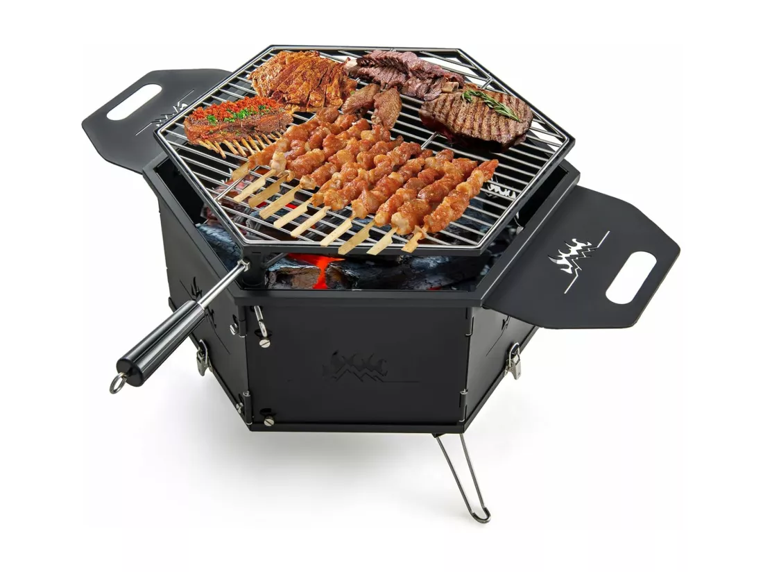 Barbecue de Charbon de Bois Portable avec Grille Rotative à 360°, Barbecue Portable avec Poignées Corps et Pieds Pliables, pour Pique-Nique, CamBoisg, Randonnée