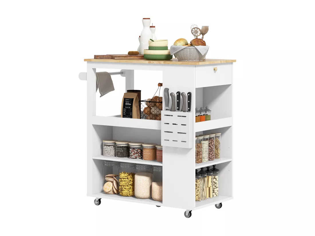 Desserte de cuisine style cosy chic multi-rangement blanc bois hévéa