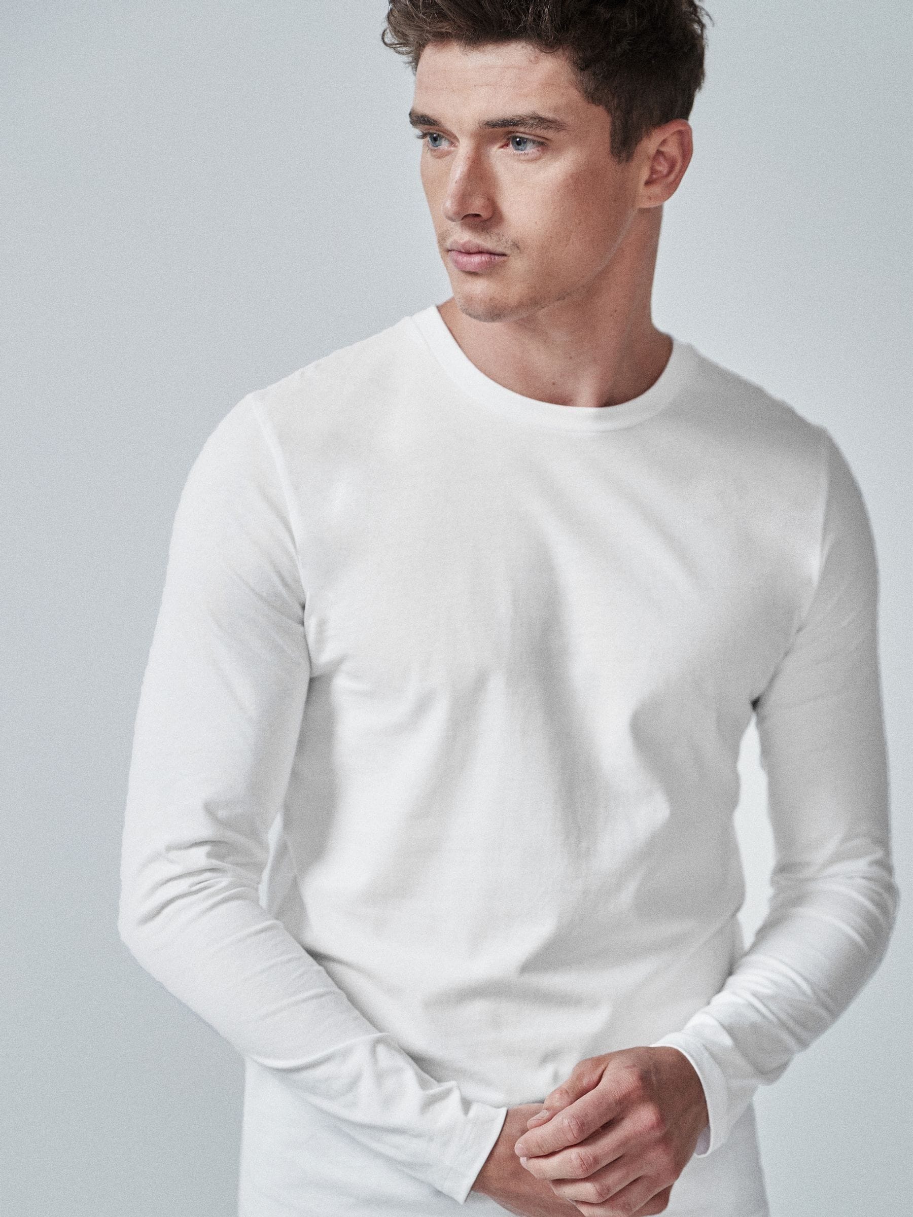 Wit - Slim Fit - T-shirt met lange mouwen en ronde hals