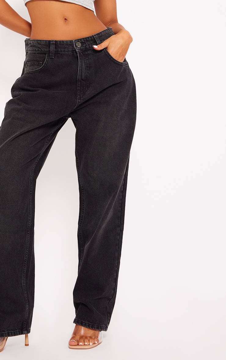 Noir Délavé Prettylittlething Petite Jean Droit Taille Haute