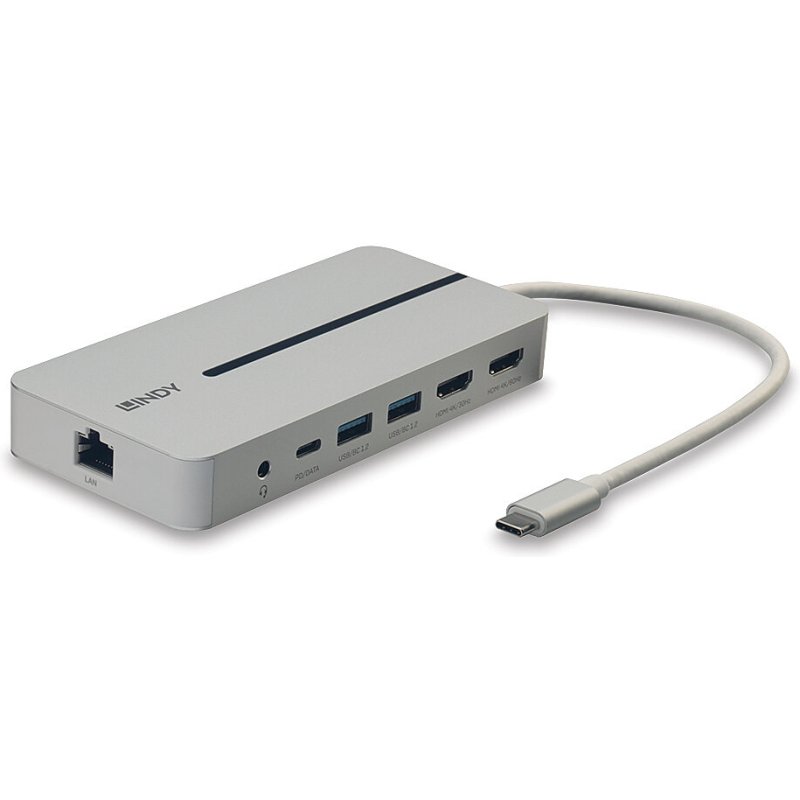 Lindy DST-Mx Duo, Mini Docking Station USB-C pour Laptop/MacBook avec prise en charge 4K sur deux écrans et charge 100W