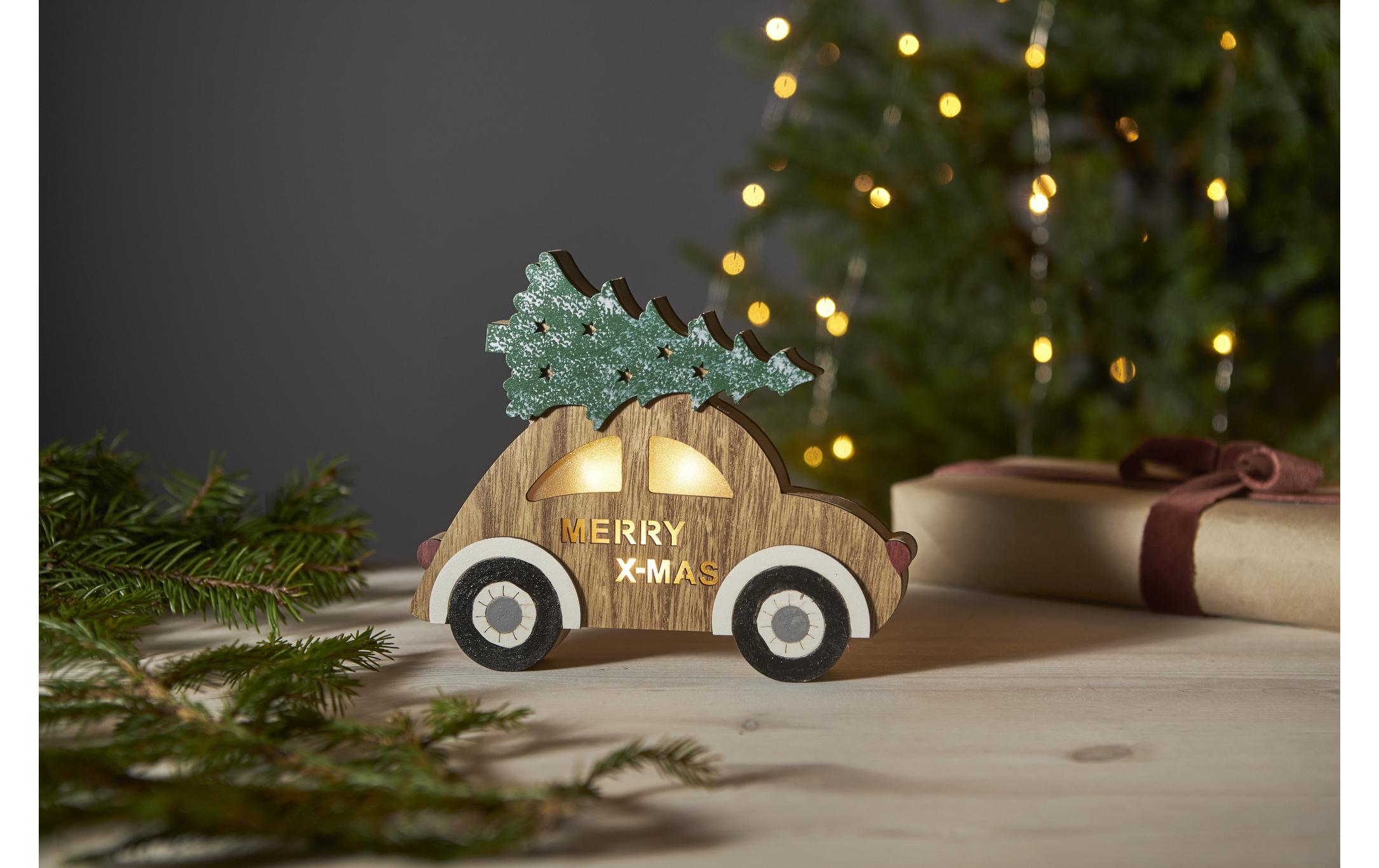 Tischdeko Billy, 20 cm, HolzBeleuchtetes Auto mit Tanne und Schriftzug