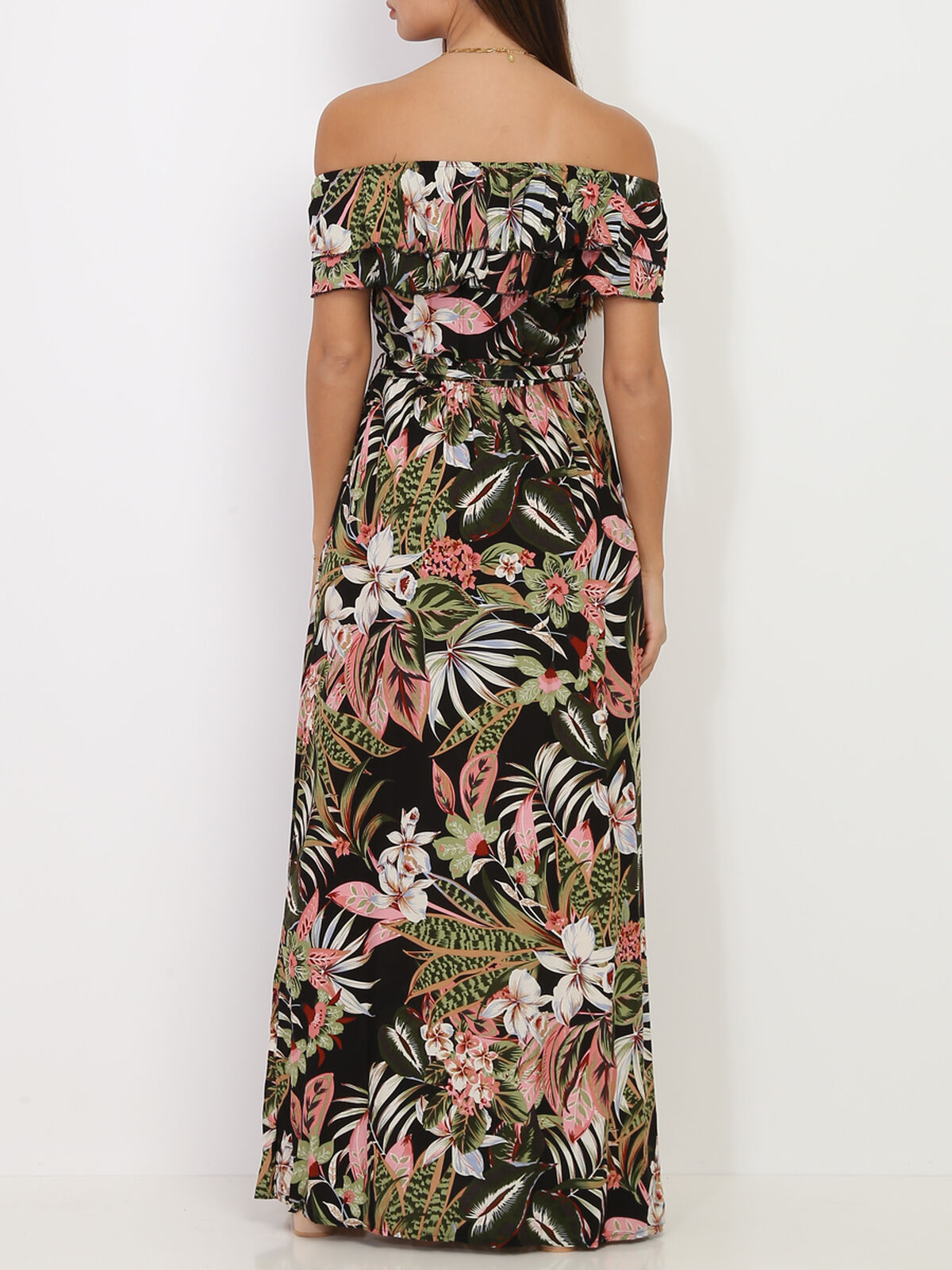 Robe col bardot à motif fleurs tropicales- Noir
