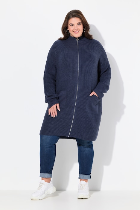 Long-Strickjacke, Oversized, Stehkragen, Rippstrick