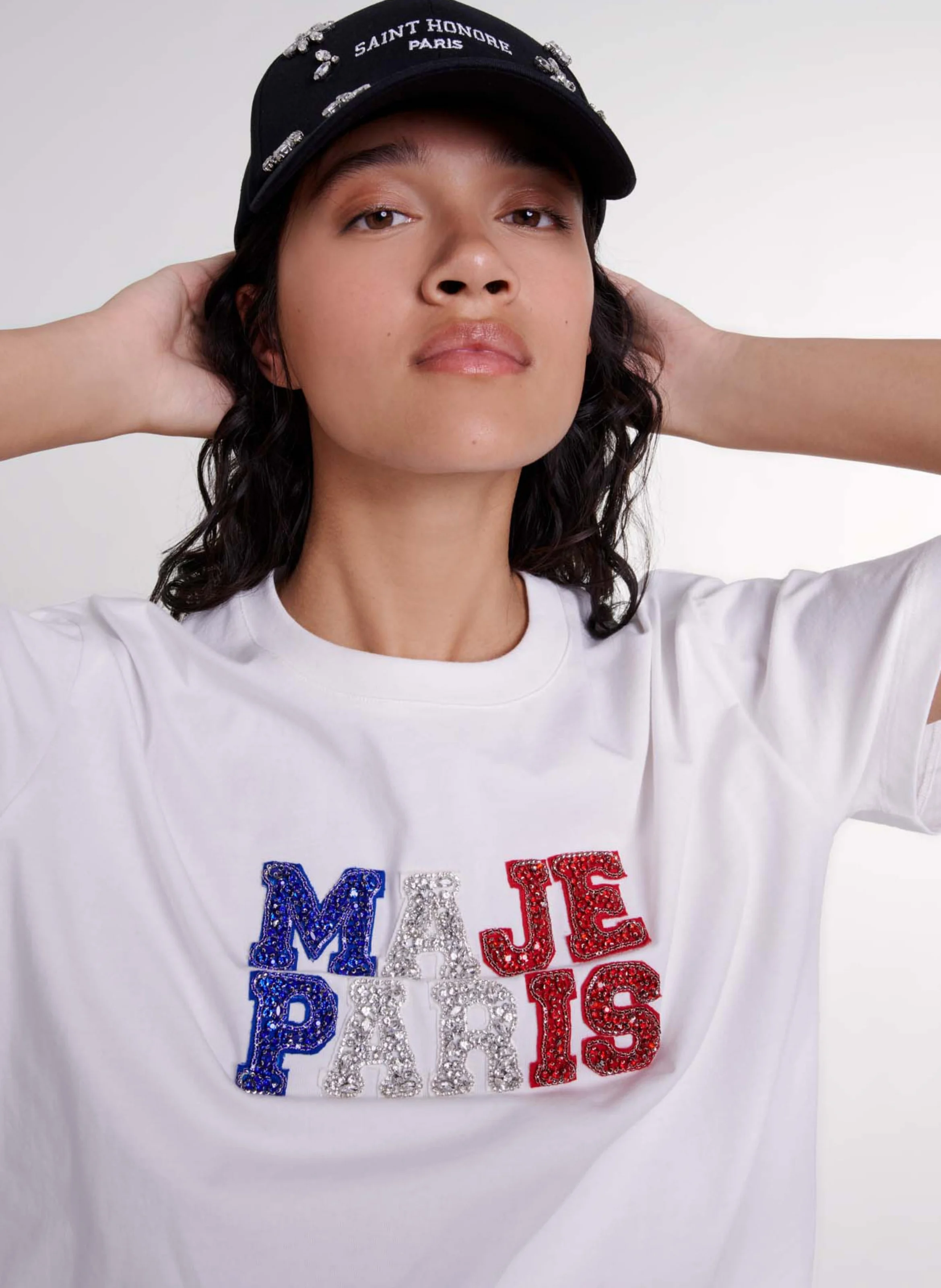 Tee-shirt droit col rond en coton strassé | Blanc
