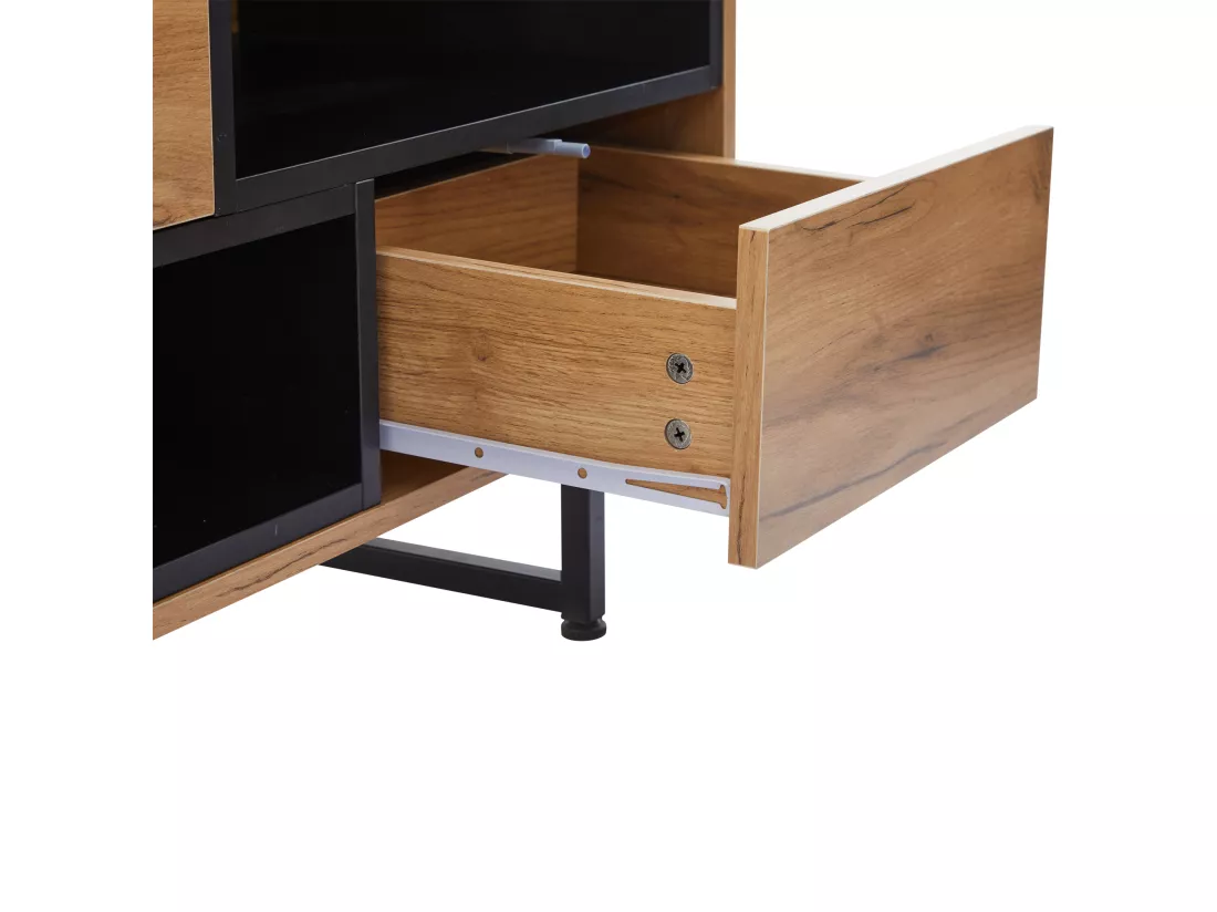 Meuble TV - avec 2 tiroirs 2 portes 2 compartiments ouverts - Naturel