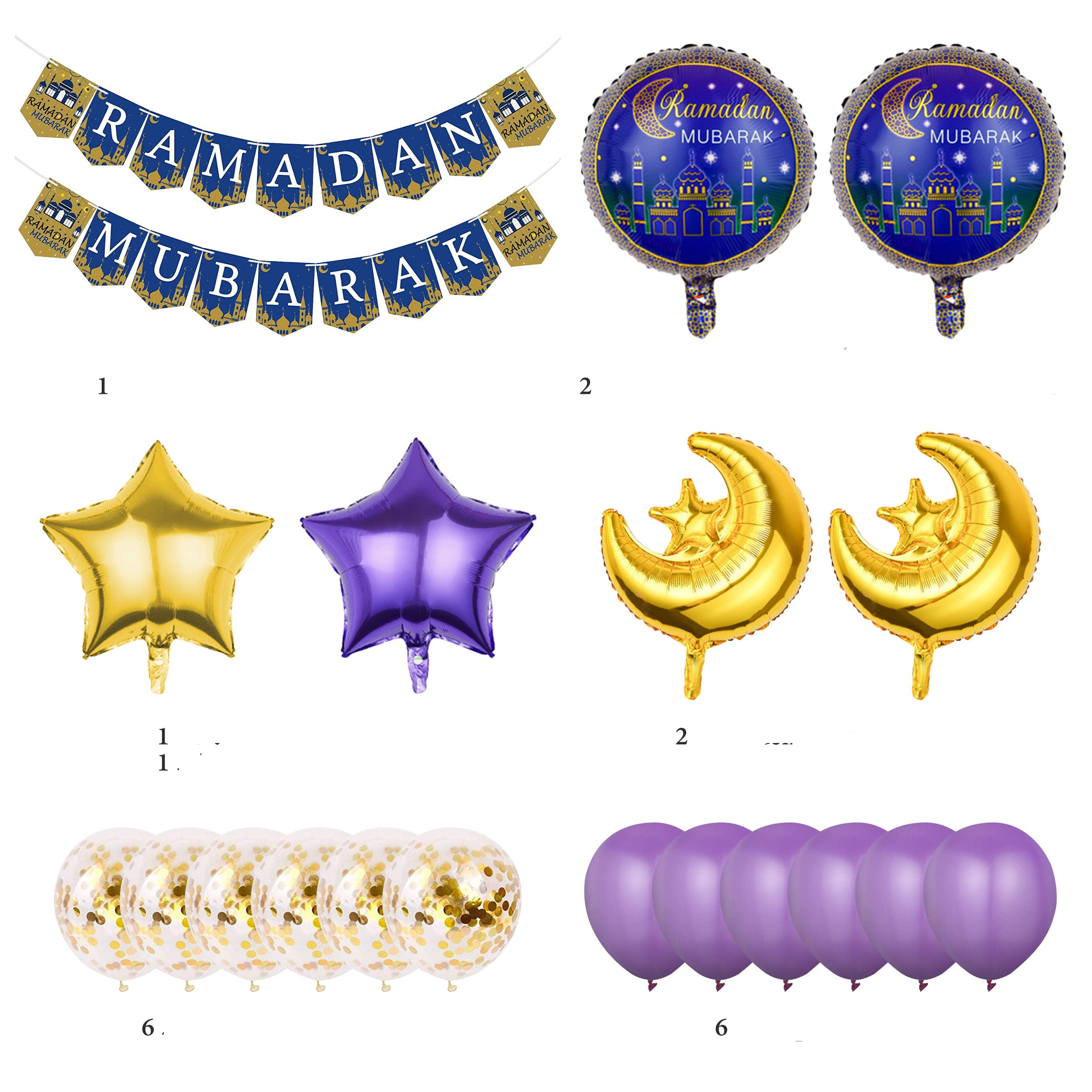 (19-tlg. Set) Ramadan Mubarak Girlande Bajram Party Deko   Latex- & Folien Luftballons - Gold / Lila