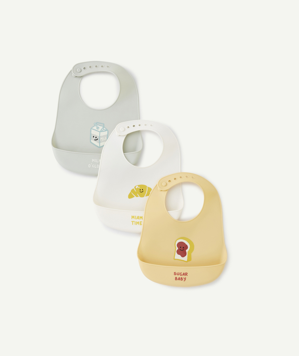 LOT DE 3 BAVOIRS BÉBÉ EN SILICONE RECYCLÉ THÈME PETIT-DÉJEUNER