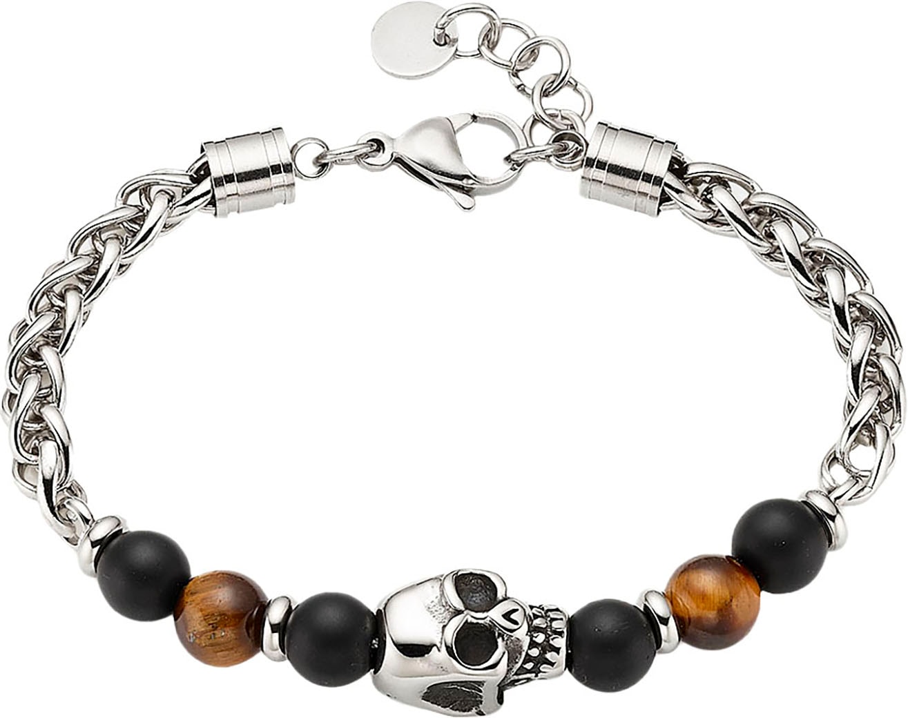 Bruno Banani Armband »Schmuck Geschenk Edelstahlarmband mit Tigeraugen und Totenkopf-Motiv« mit Tigerauge (synth.)