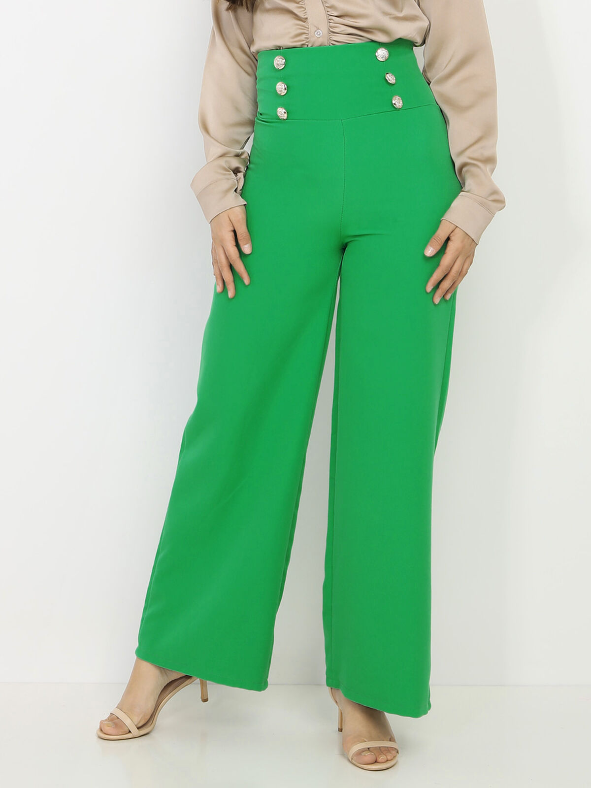 Pantalon palazzo à boutons- Vert