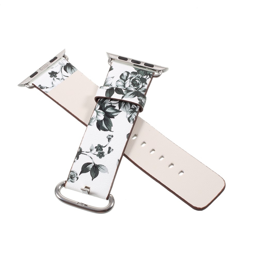 Apple Watch (49/46/45/44 mm) Ersatz Leder Armband Graue Blumen - Weiss
