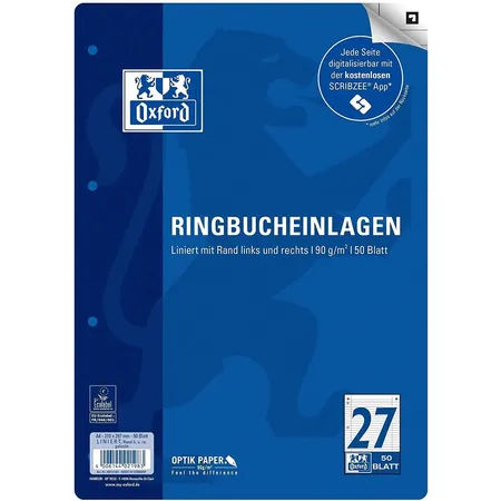 Oxford Ringbucheinlagen dunkelblau, A4, liniert, 50 Blatt