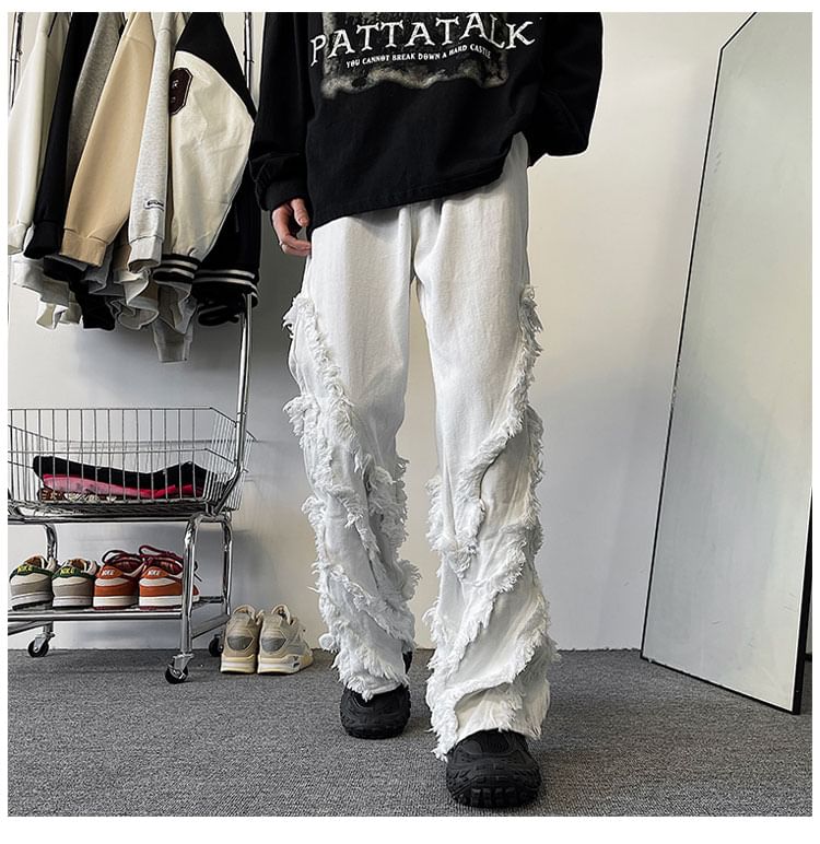 Tiaota - Mid Rise Washed Frayed Loose Fit Jeans