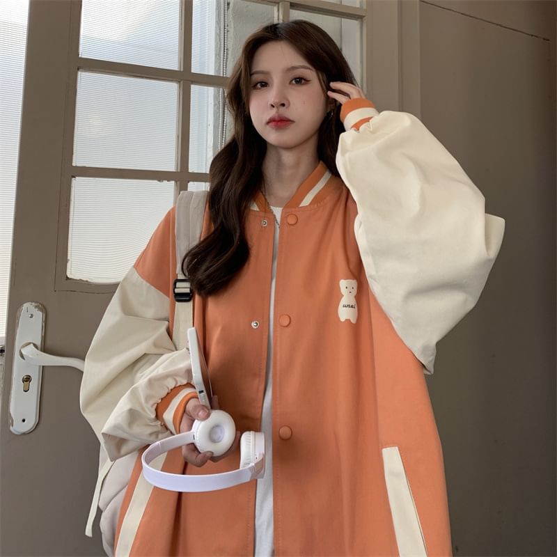 Peach+velvet - Baseballjack met knopen en berenprint
