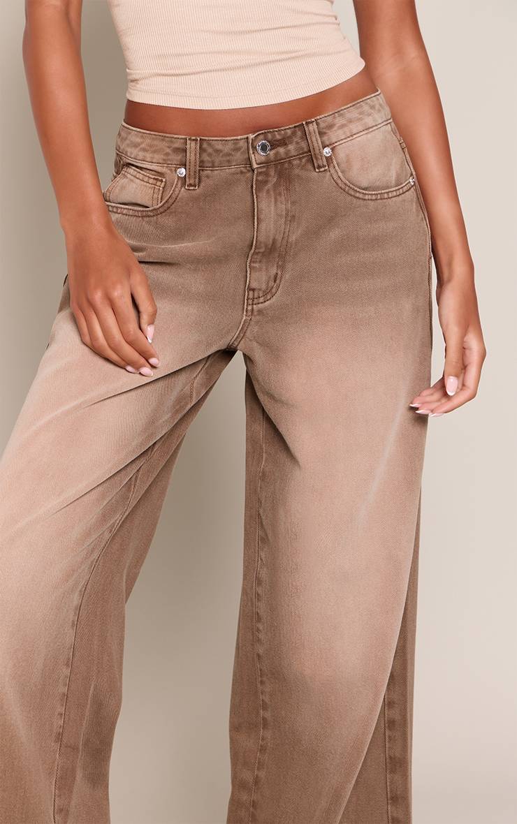Marron Jean Taille Haute Délavé À Taille Basse Et Jambe Large