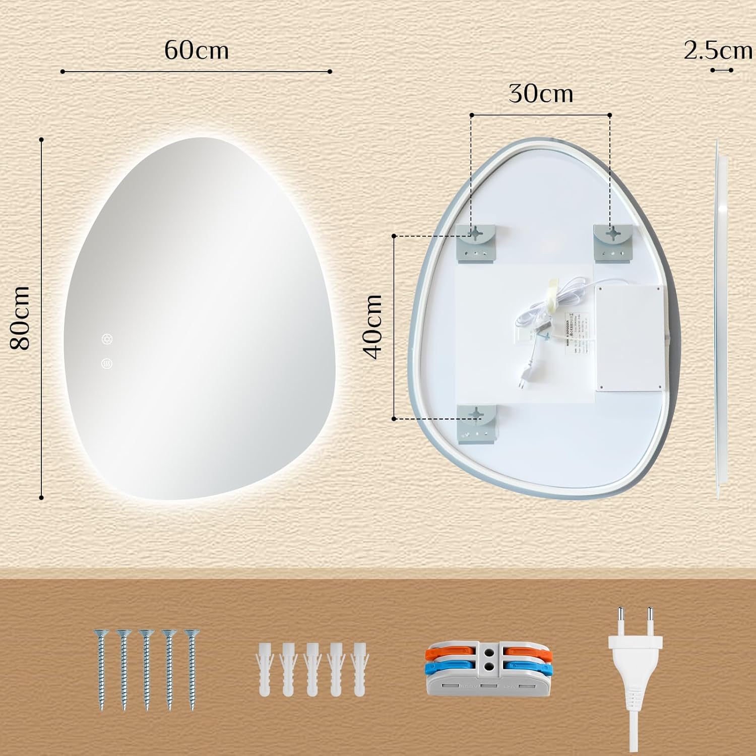 Clevich Badspiegel mit Beleuchtung Asymmetrisch 80×60 cm, LED Spiegel mit 3 Lichtfarben dimmbar, gehärtetes Glas, Touch-Schalter, Memory-Funktion, beschlagfrei, moderner Badezimmerspiegel mit Licht