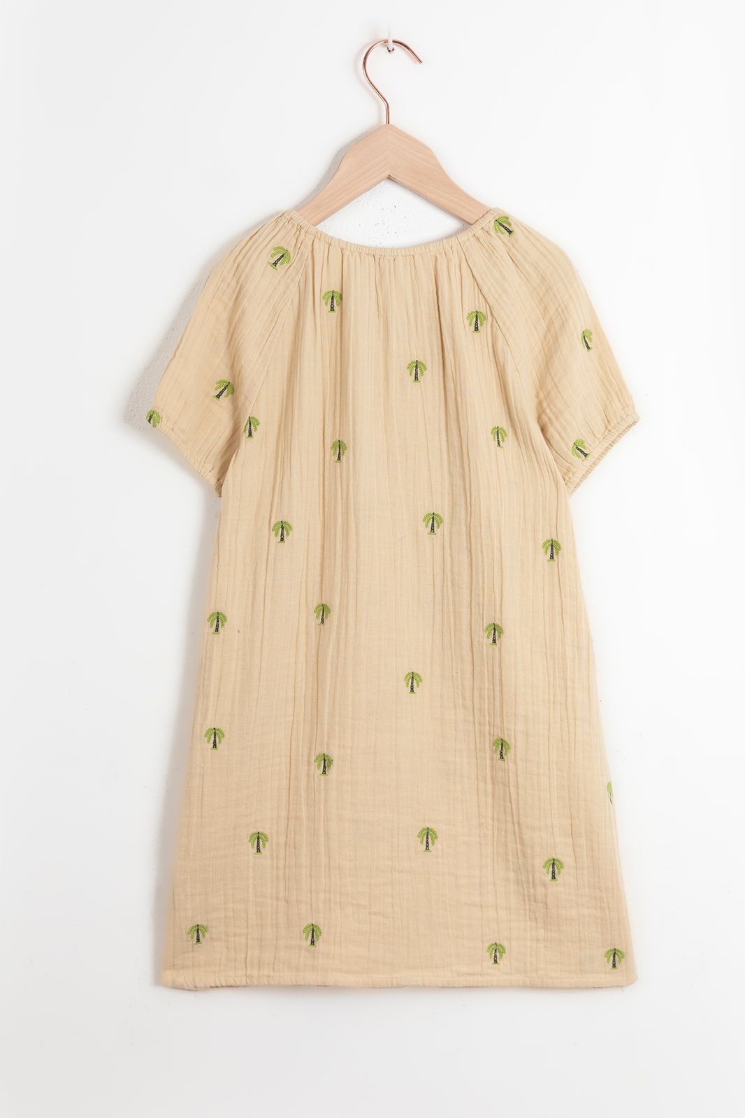 Beige wijde jurk met palmboom embroidery