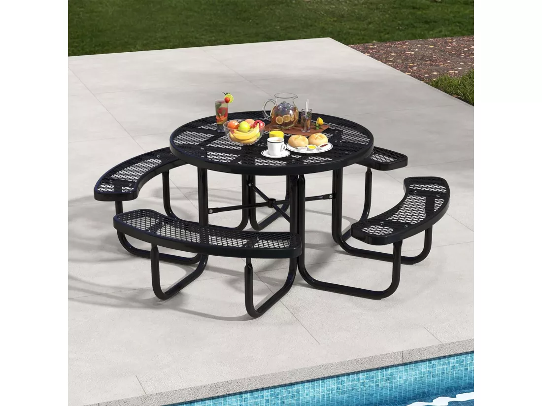 Ensemble Table de Pique-Nique Ronde avec 4 Bancs Intégrés pour 8 Personnes, Table de CamBoisg en Métal avec Sièges et Trou pour Parasol, pour Jardin Piscine, 202 x 75 cm, Noir