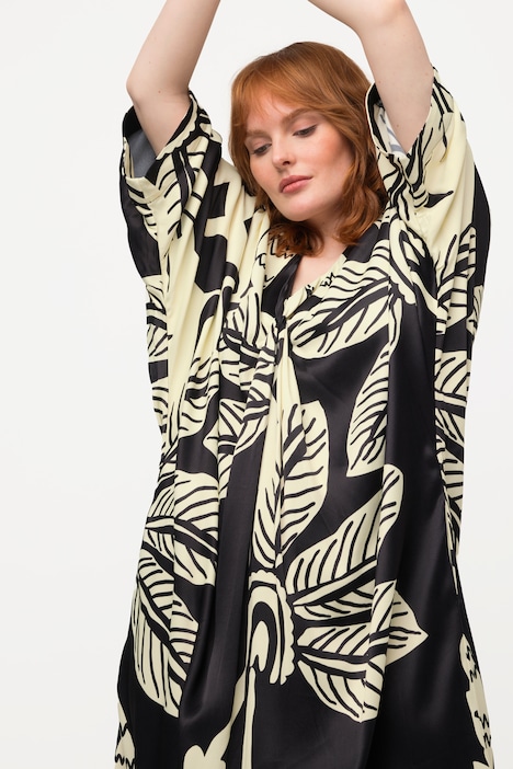 Midikleid, Palmen, Drapierung, V-Ausschnitt, Halbarm