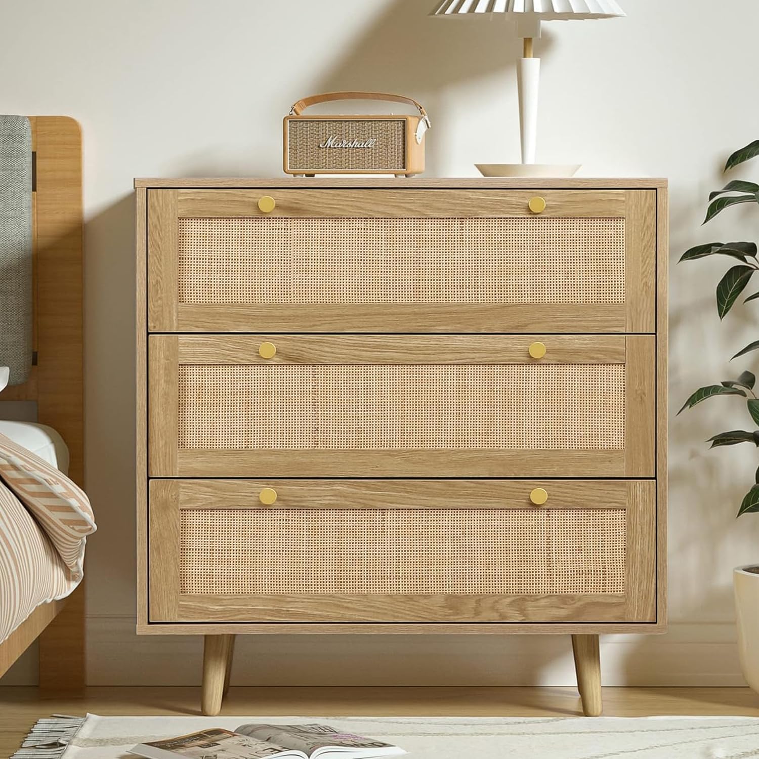 Natürliches Rattan Kommode Schlafzimmer, Kommode mit 3 Schubladen Eiche, Viel Stauraum, Holz Schubladenkommode für Schlafzimmer Wohnzimmer Flur Komodenschrank 80 x 40 x 91.4 cm