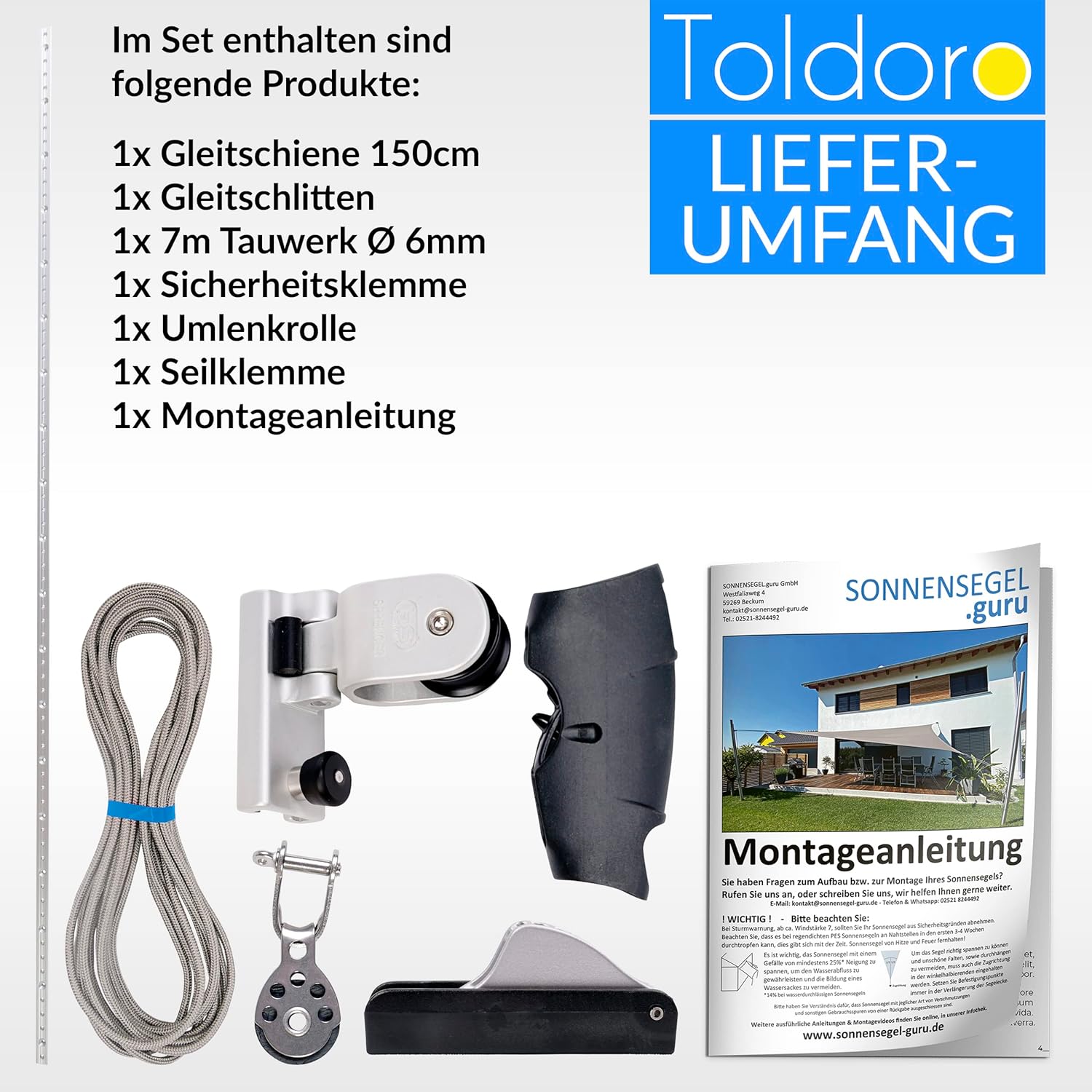 Toldoro® Höheneinstellung Set für Sonnensegel für Masten, Stangen und Holzpfosten/Sonnensegel Flaschenzug rostfrei & langlebig