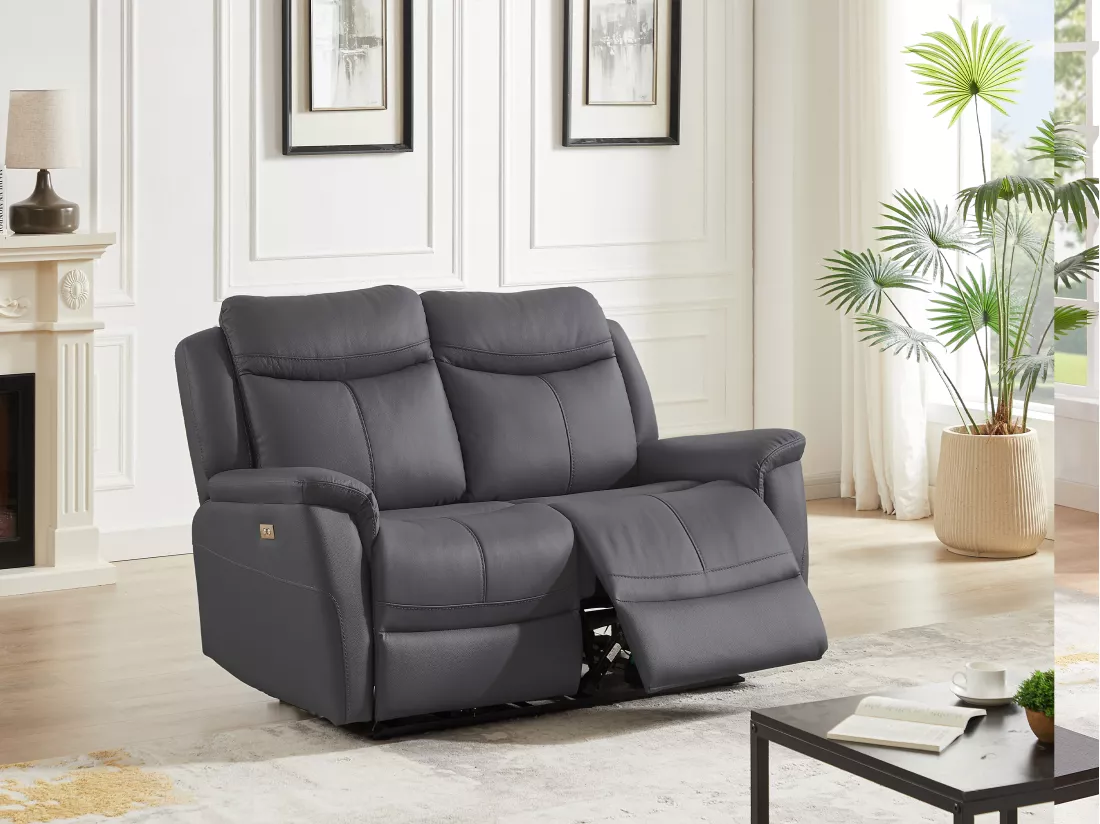 Canapé 2 places relax électrique en cuir de vachette gris anthracite NOMAJO