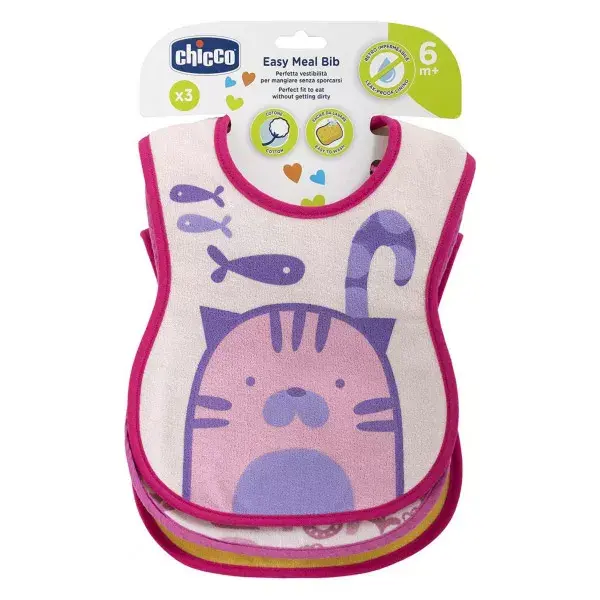 Babador Chicco Decorado para Refeição +6m Rosa - Pacote com 3
