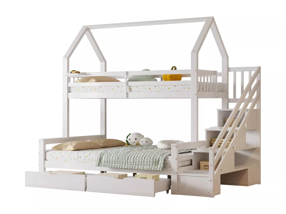 Lit superposé en bois de pin et MDF - 90x200 cm + 140x200 cm - avec échelle de rangement et 2 tiroirs - Blanc