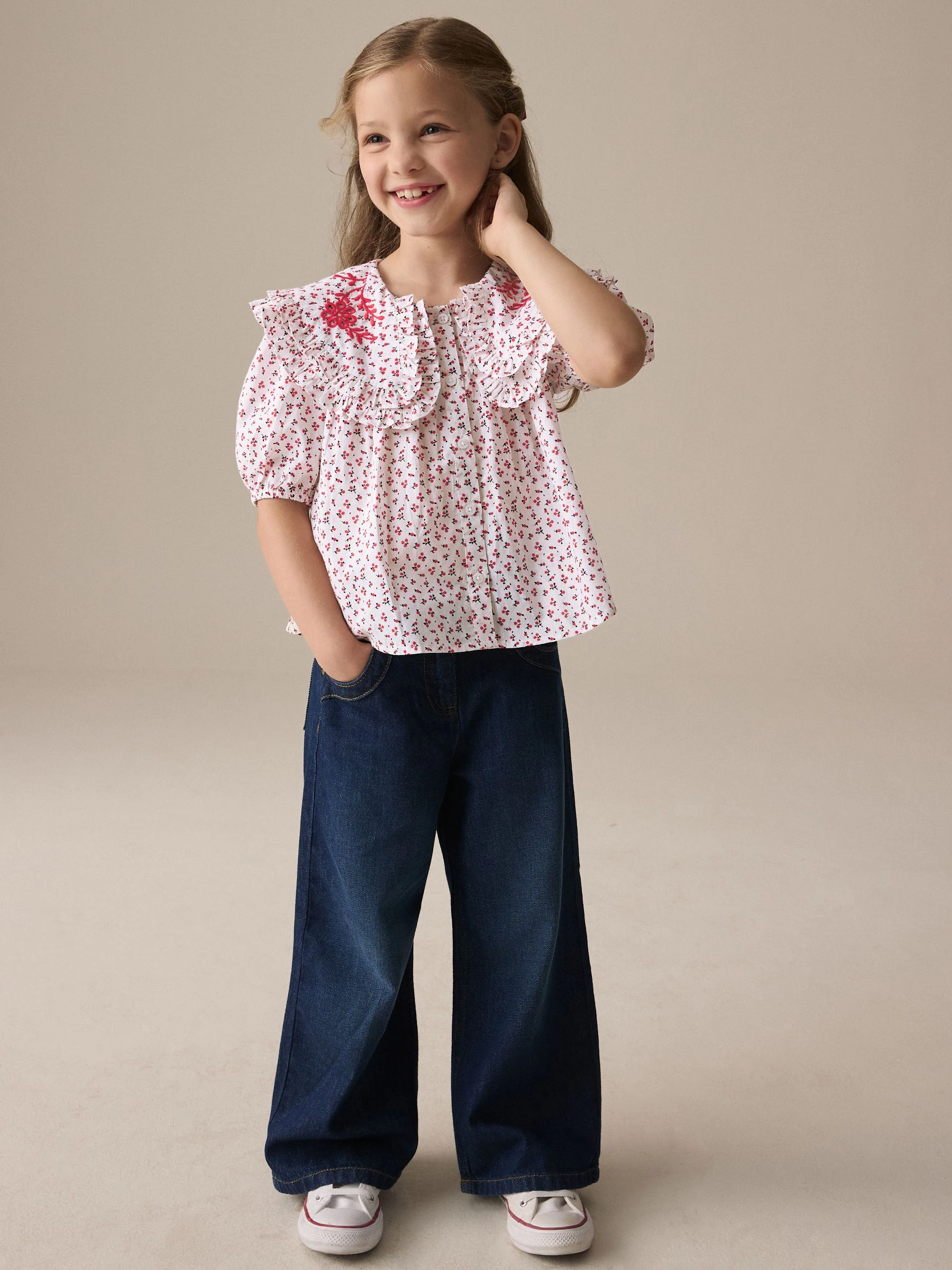 Rood gebloemd - Geborduurde kraag 100% katoenen blouse (3 - 16 jr)