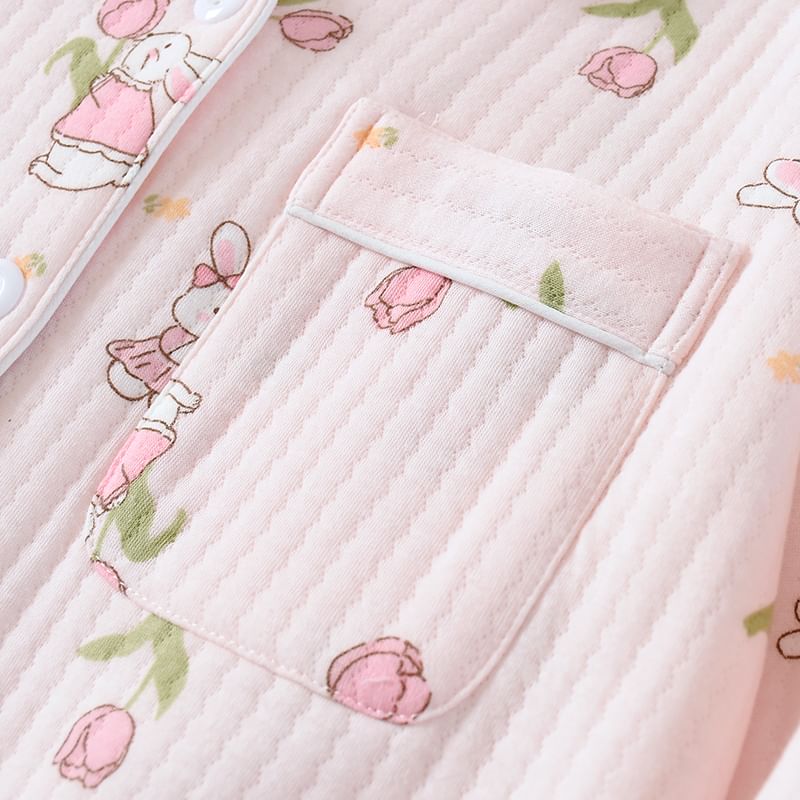 Dogini - Pyjamaset: shirt met lange mouwen, kraag en cartoonprint + rechte broek met elastische taille