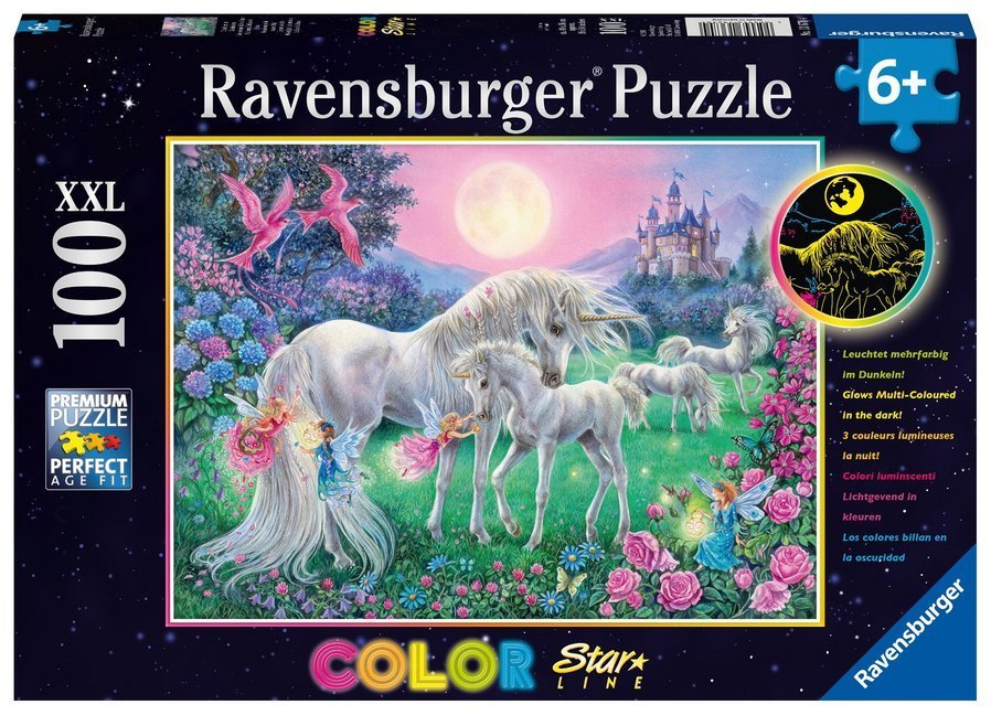 Ravensburger Kinderpuzzle - 13670 Einhörner im Mondschein - Einhorn-Leuchtpuzzle für Kinder ab 6 Jahren, mit 100 Teilen im XXL-Format, Leuchtet im Dunkeln