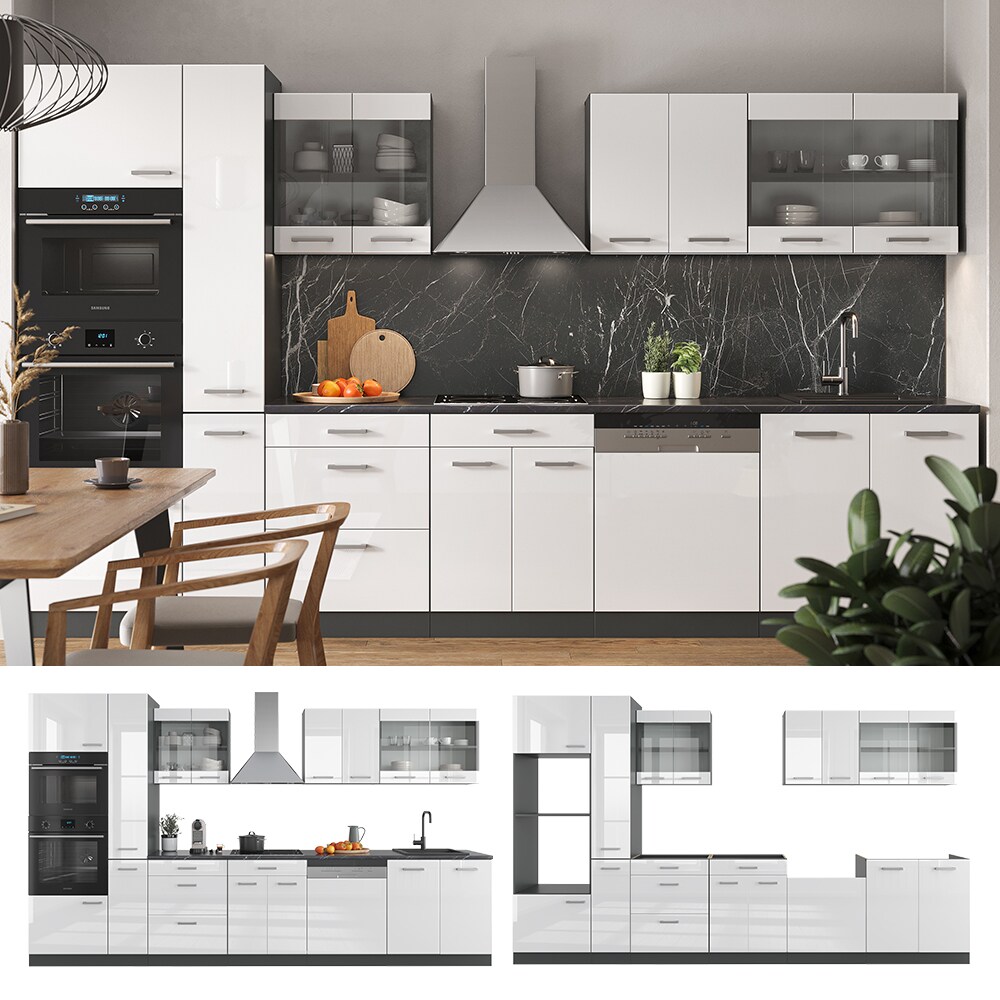 Vicco Küchenzeile Küchenblock Einbauküche R-Line 350 cm Anthrazit Weiß Hochglanz Küche