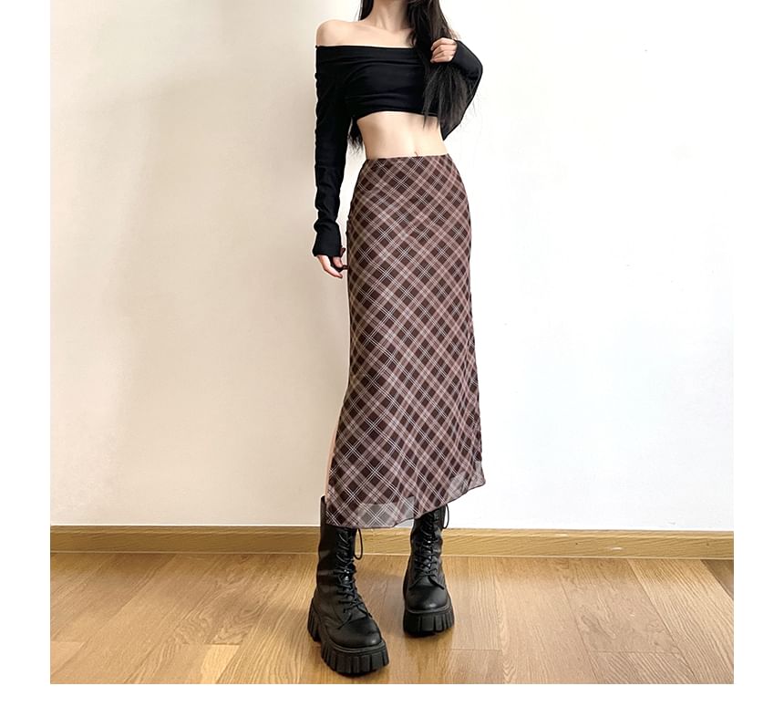 SisLinda - Midi A-lijn rok met geruite midi-rok met middelhoge taille