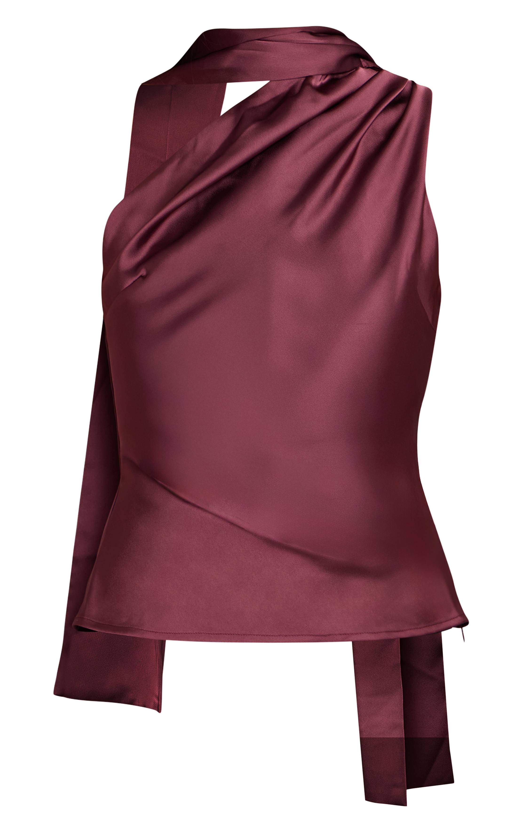 Prune Top En Satin À Détail Foulard Asymétrique