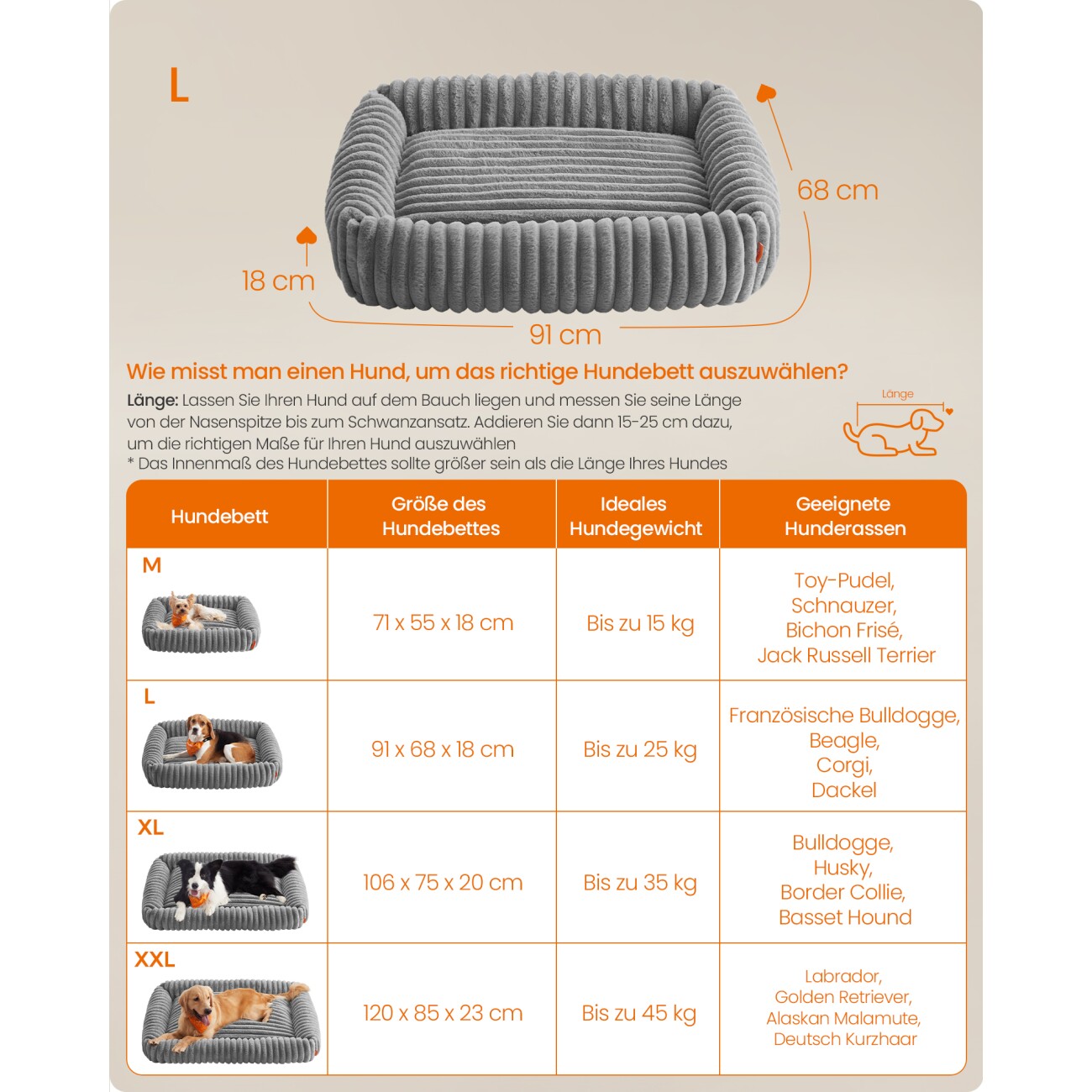 FEANDREA Hundebett orthopädisches Hundekörbchen,Hundekissen waschbar, flauschig L