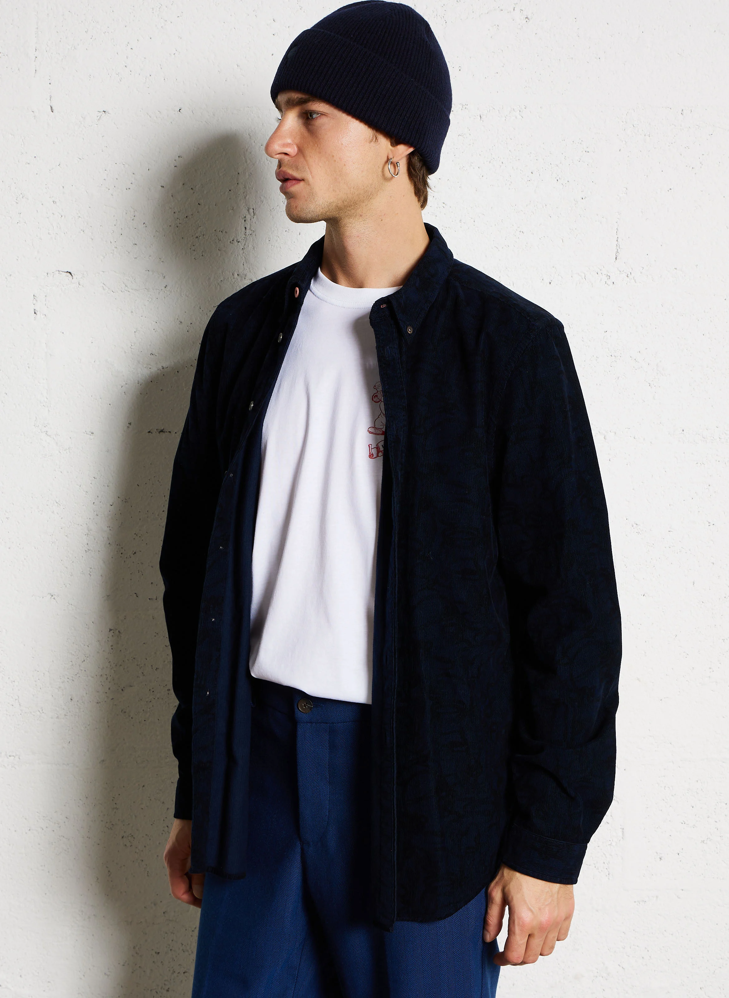Chemise col classique en velours côtelé | Bleu