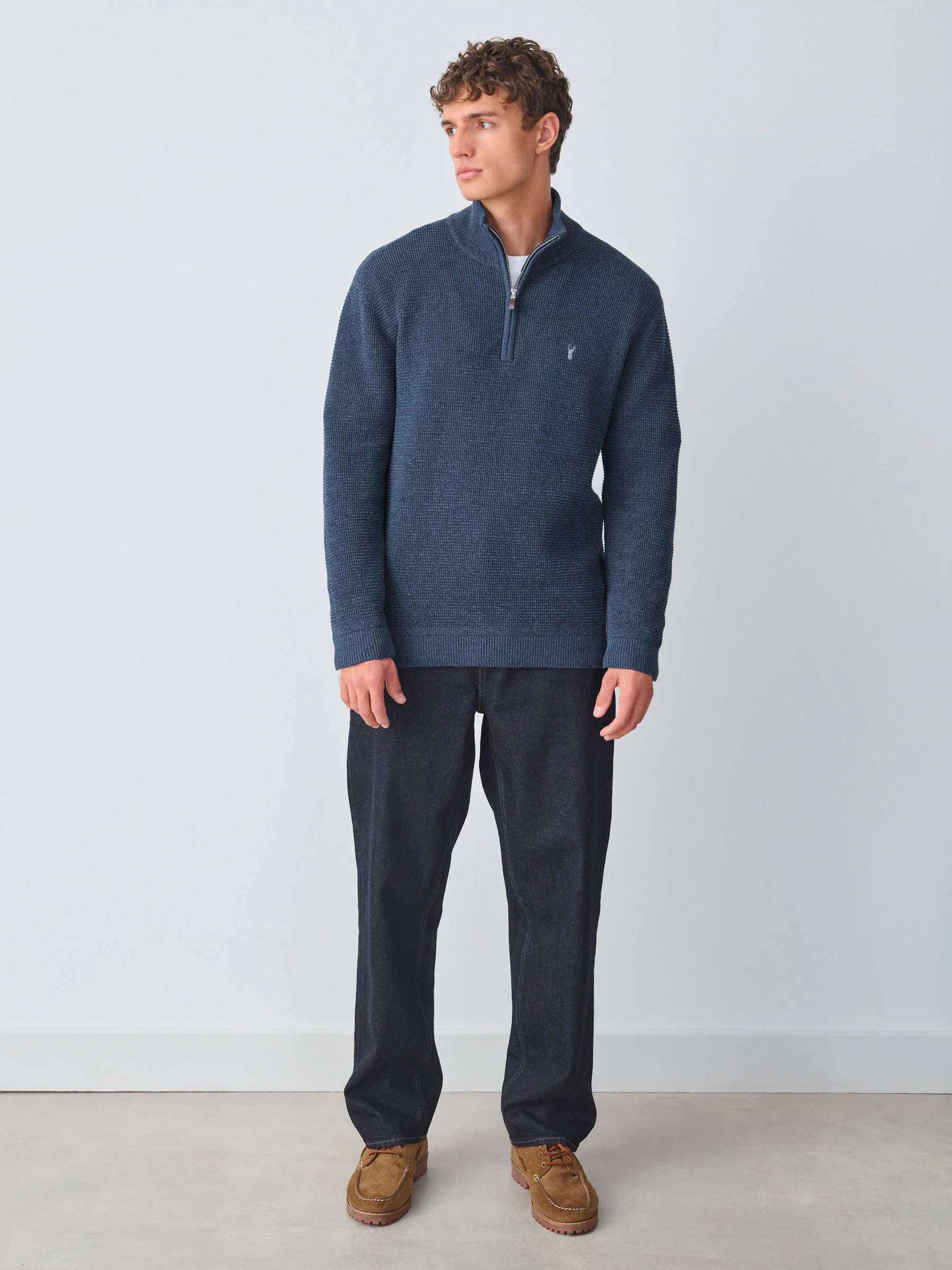 Blauw - Hertlogo - Regular Fit 100% Cotton Textured Premium Quarter Zip Jumper