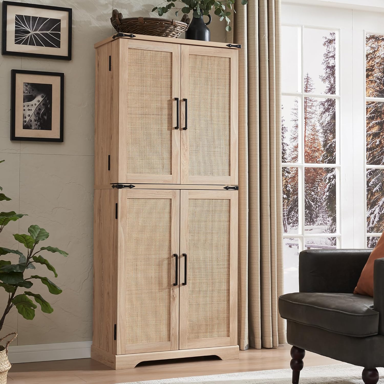 Rattan Küchenschrank, 183 cm hoher Vorratsschrank im Landhausstil, Aufbewahrungsschrank mit Scheunen-Schiebetüren, Schublade und verstellbaren Regalen – Natur-Rattan