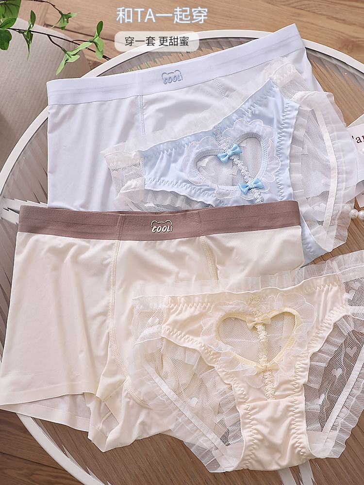 Pancherry - Matching set voor koppels: boxershort met letters + kanten slip met hartvormige uitsparing