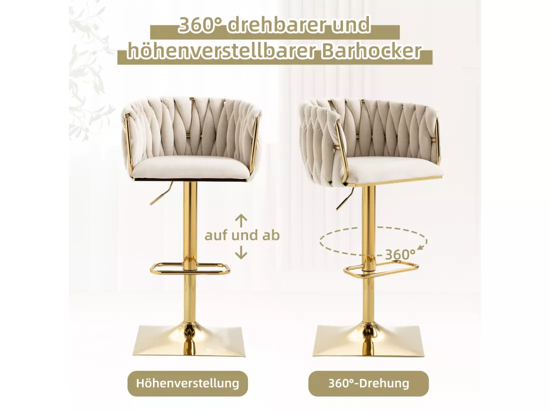 Lot de 2 tabourets de bar, pivotante, réglable en hauteur avec dossier et repose-pieds, pied en metal, 53x51x83-105cm, beige
